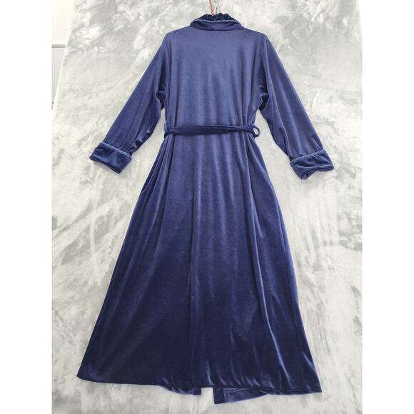 Vintage 80s Amanda Stewart Embroidered Velvet Long Wrap Robe Size M Blue Pockets - Picture 3 of 9